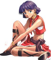 Rule 34 | 1girl, artist name, bandeau, bare shoulders, bob cut, bracelet, closed mouth, commentary, cross-laced footwear, dark-skinned female, dark skin, earrings, full body, fushigi no umi no nadia, gem, green eyes, hair ornament, hairclip, hand on own foot, highres, hoop earrings, hugging own legs, jewelry, knee up, lace-up, loincloth, looking at viewer, mac naut, midriff, nadia la arwall, navel, neck ring, necklace, on floor, pelvic curtain, pendant, purple hair, red vest, sandals, shoe soles, short hair, signature, simple background, sitting, smile, solo, strapless, vest, wariza, white background, white bandeau