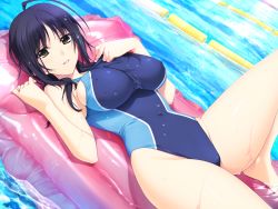 Rule 34 | 1girl, ahoge, bare legs, barefoot, black hair, breasts, brown eyes, competition swimsuit, covered navel, dutch angle, covered erect nipples, game cg, highleg, highleg swimsuit, iizuki tasuku, inflatable raft, izumi wakoto, lane line, large breasts, looking at viewer, lovely x cation 2, lying, on back, one-piece swimsuit, parted lips, pool, short hair, skin tight, smile, solo, swimsuit, water, wet, wet hair