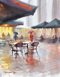 Rule 34 | 6+others, building, holding, holding umbrella, multiple others, nara watercolor, painting (medium), scenery, traditional media, umbrella, watercolor (medium)