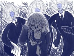 Rule 34 | 1girl, artist request, business suit, formal, glasses, greyscale, hands on own head, long hair, monochrome, monster, neckerchief, necktie, open mouth, persona, persona 5, pointing, pointing at another, sailor collar, sakura futaba, school uniform, suit, tears, translated