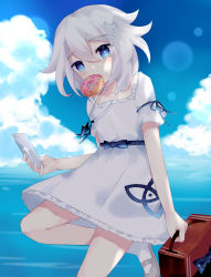 Rule 34 | 1girl, absurdres, bad id, bad pixiv id, blue eyes, blue ribbon, blue sky, blush, cellphone, cloud, commentary request, day, doughnut, dress, food, food in mouth, forgotten artist, frilled dress, frills, genshin impact, grey footwear, hair between eyes, hair ornament, highres, holding, holding phone, horizon, jewelry, looking at viewer, mouth hold, ocean, outdoors, paimon (genshin impact), pendant, phone, ribbon, shoes, short sleeves, sky, socks, solo, standing, suitcase, white dress, white hair, white socks