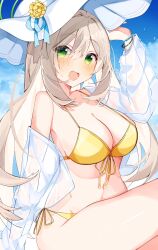 Rule 34 | 1girl, bikini, blue archive, blush, breasts, cleavage, collarbone, day, front-tie bikini top, front-tie top, green eyes, green halo, hair between eyes, halo, harebare yurata, hat, highres, jacket, large breasts, light brown hair, long hair, long sleeves, nonomi (blue archive), nonomi (swimsuit) (blue archive), official alternate costume, open clothes, open jacket, open mouth, outdoors, see-through, see-through jacket, side-tie bikini bottom, smile, solo, swimsuit, white hat, white jacket, yellow bikini