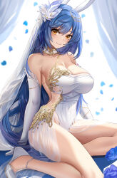 Rule 34 | 1girl, abpart, absurdres, animal ears, bare shoulders, blue hair, blush, breasts, cleavage, closed mouth, collarbone, commentary, dress, elbow gloves, english commentary, falling petals, girls&#039; frontline, gloves, hair ornament, high heels, highres, large breasts, long hair, looking at viewer, petals, rabbit ears, smile, solo, tar-21 (girls&#039; frontline), thighs, white dress, white footwear, white gloves, yellow eyes