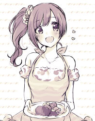 Rule 34 | 1girl, :d, apron, baran. (ba ra ran), blush, breasts, cleavage, collarbone, flower, flower necklace, food request, hair ornament, hair scrunchie, heart-shaped food, highres, holding, holding plate, idolmaster, idolmaster cinderella girls, igarashi kyoko, jewelry, lone nape hair, looking at viewer, medium breasts, necklace, off-shoulder shirt, off shoulder, open mouth, plate, scrunchie, shirt, side ponytail, smile, solo, striped background, swept bangs, white background