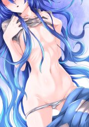 Rule 34 | 1girl, blue background, blue hair, blue skirt, blush, breasts, clothes lift, clothes pull, collarbone, commentary request, cowboy shot, debt, g (genesis1556), gluteal fold, gradient background, grey panties, hair between eyes, hair censor, hands up, head out of frame, highres, hood, hoodie, hoodie lift, lifted by self, long hair, navel, panties, parted lips, short sleeves, skirt, skirt pull, small breasts, solo, stomach, thighs, touhou, underwear, very long hair, white background, yorigami shion