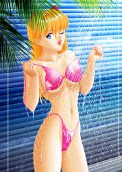 Rule 34 | 1girl, artist request, bikini, blonde hair, blue eyes, breasts, clothes writing, collarbone, hair ornament, interface headset, long hair, looking at viewer, navel, neon genesis evangelion, one eye closed, open mouth, palm tree, pink bikini, showering, small breasts, souryuu asuka langley, standing, steam, swimsuit, tree, undressing, wet, wink