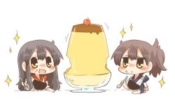 Rule 34 | 10s, 2girls, :t, akagi (kancolle), bad id, bad twitter id, black eyes, brown hair, cherry, chibi, eating, food, food on face, fruit, japanese clothes, kaga (kancolle), kantai collection, long hair, multiple girls, muneate, open mouth, personification, pudding, rebecca (keinelove), short hair, side ponytail, smile, sparks, spoon, tasuki
