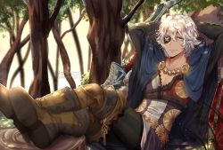 Rule 34 | 1boy, artist name, blue eyes, boots, bow (weapon), cape, dark skin, dark-skinned male, eyepatch, fire emblem, fire emblem fates, leaf, male focus, niles (fire emblem), nintendo, quiver, sitting, solo, tree, wani (fadgrith), weapon, white hair