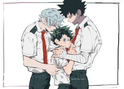 Rule 34 | 3boys, artist name, bandaged arm, bandages, black hair, boku no hero academia, collared shirt, commentary, commentary request, dabi (boku no hero academia), ear piercing, english commentary, freckles, green eyes, green hair, green pants, grey hair, hand on another&#039;s chest, hand on another&#039;s shoulder, height difference, male focus, mantos no.7, midoriya izuku, mixed-language commentary, multiple boys, necktie, pants, parted lips, piercing, red hair, red necktie, scar, school uniform, shigaraki tomura, shirt, shirt grab, short hair, short sleeves, simple background, spiked hair, stapled, sweat, tears, thai commentary, u.a. school uniform, watermark, white background, white shirt, yaoi