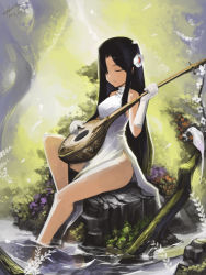 Rule 34 | 1girl, bad id, bad pixiv id, bare shoulders, barefoot, bird, black hair, branch, china dress, chinese clothes, dress, elbow gloves, closed eyes, flower, gloves, green theme, gua, hair flower, hair ornament, hair over one eye, instrument, leaf, leg up, legs, long hair, lute (instrument), nature, no panties, original, rock, side slit, signature, sitting, sleeveless, smile, soaking feet, solo, sunlight, turtleneck, water, white dress, white gloves