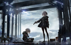 Rule 34 | 2girls, aiming, black footwear, black jacket, black legwear, black shirt, black skirt, blood, blood splatter, blue eyes, cloud, cloudy sky, commentary, container, crane (machine), day, dripping, finger on trigger, glock, grey hair, gun, hair between eyes, handgun, harbor, highres, holding, holding gun, holding own arm, holding weapon, jacket, ladder, multiple girls, open clothes, open jacket, original, outdoors, pantyhose, pistol, pleated skirt, profile, rain, reflection, serious, shirt, shoes, shotgun, shotgun shell, sitting, skirt, sky, sneakers, standing, swav, weapon, weapon request
