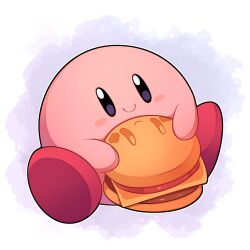 Rule 34 | absurdres, blue background, blush, blush stickers, burger, closed mouth, commentary, food, full body, highres, holding, holding food, kirby, kirby (series), kirby burger, looking at viewer, nintendo, no humans, sevi (seviyummy), simple background, sitting, smile, solo, white background