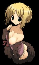 Rule 34 | 00s, 1girl, artoria pendragon (all), artoria pendragon (fate), ass, blonde hair, breasts, fate/hollow ataraxia, fate/stay night, fate (series), green eyes, large breasts, nipples, official alternate costume, saber (fate), solo, transparent background, undressing, yoshiwo