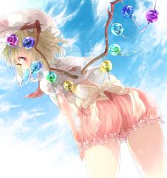 Rule 34 | 1girl, blonde hair, bloomers, blue sky, blush, bow, cloud, cloudy sky, day, flandre scarlet, food, hat, large bow, looking back, md5 mismatch, popsicle, red eyes, resolution mismatch, shima (si04ma82), short hair, side ponytail, sky, solo, source larger, touhou, underwear, wind chime, wings