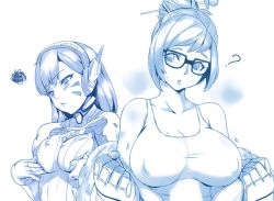Rule 34 | 2girls, ?, annoyed, bare shoulders, beads, blush, blush stickers, bodysuit, breast envy, breast press, breasts squeezed together, breasts, chestnut mouth, cleavage, coat, collarbone, covered erect nipples, crop top, d.va (overwatch), facepaint, facial mark, fur, glasses, gloves, hair bun, hair ornament, hair stick, hairpin, headphones, large breasts, lips, long hair, long sleeves, mei (overwatch), monochrome, multiple girls, overwatch, overwatch 1, pout, short hair, sidelocks, simple background, single hair bun, squiggle, tank top, undressing, whisker markings, white background, yui.h