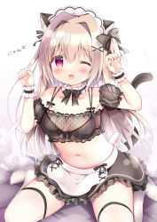Rule 34 | 1girl, ;d, animal ear fluff, animal ears, apron, azumi kazuki, bare shoulders, black skirt, black sleeves, blush, breasts, brown hair, cat ears, cat girl, cat tail, collarbone, commentary request, detached sleeves, frilled skirt, frills, hair between eyes, hair intakes, highres, long hair, maid headdress, medium breasts, navel, no shoes, one eye closed, open mouth, original, puffy short sleeves, puffy sleeves, red eyes, see-through, see-through sleeves, short sleeves, sitting, skirt, smile, solo, tail, thighhighs, translation request, two side up, very long hair, waist apron, wariza, white apron, white background