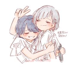 Rule 34 | 2girls, blue hair, blush, bob cut, closed eyes, closed mouth, colored inner hair, commentary request, cropped torso, dark blue hair, diagonal bangs, dollchestra, dress, grey hair, grin, hair ornament, hair ribbon, hairclip, hand on another&#039;s arm, hand up, hashtag, highres, holding, holding microphone, hug, inverted bob, link! like! love live!, link to the future (love live!), long hair, love live!, low twintails, mashikaku (ma4kaku10fu), microphone, multicolored hair, multiple girls, murano sayaka, red hair, ribbon, short hair, short sleeves, simple background, smile, smirk, split mouth, streaked hair, twintails, u u, v, virtual youtuber, white background, white dress, white ribbon, yugiri tsuzuri