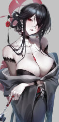 Rule 34 | 1girl, absurdres, arm under breasts, bare shoulders, black choker, black hair, blue archive, breasts, choker, earrings, flower, grey background, hair flower, hair ornament, hair over one eye, halo, highres, japanese clothes, jewelry, kimono, kokuriko (blue archive), large breasts, lips, looking at viewer, monegi, multiple rings, nail polish, obi, off shoulder, parted lips, red eyes, ring, sash, simple background, solo, spider web tattoo, tassel, tassel hair ornament