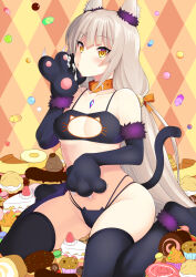 Rule 34 | 1girl, alternate costume, animal collar, animal ears, animal hands, bare shoulders, black gloves, black thighhighs, blush, breasts, cake, cat ear panties, cat lingerie, chest jewel, collar, cream puff, cupcake, daive, doughnut, eclair (food), elbow gloves, food, fur-trimmed gloves, fur trim, gloves, grey hair, highres, licking, licking hand, long hair, macaron, meme attire, muffin, nia (blade) (xenoblade), nia (xenoblade), panties, paw gloves, pue (tokoshiro ), sitting, small breasts, solo, thighhighs, twintails, underwear, very long hair, wariza, xenoblade chronicles (series), xenoblade chronicles 2, yellow eyes