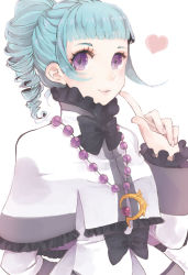 Rule 34 | 1girl, ange serena, black bow, blue hair, bow, capelet, curly hair, frills, heart, index finger raised, jewelry, necklace, negi (loveyr), ponytail, purple eyes, short hair, smile, solo, tales of (series), tales of innocence, upper body, waist bow, white background
