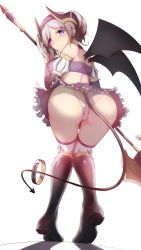 Rule 34 | 1girl, akari (princess connect!), artist request, ass, bare shoulders, blush, boots, breasts, cameltoe, come hither, demon girl, demon horns, demon tail, demon wings, detached sleeves, from behind, highres, horns, large breasts, long hair, looking at viewer, looking back, miniskirt, panties, polearm, princess connect!, purple eyes, short hair, sideboob, silver hair, skirt, smile, solo, spear, tail, thigh boots, thighhighs, underwear, weapon, wings