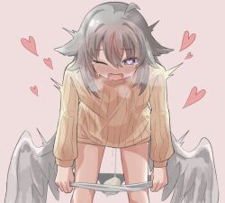 Rule 34 | 1girl, angel wings, az84997592, blue eyes, blush, dot nose, drooling, egg, egg laying, grey hair, heart, heart-shaped pupils, long sleeves, looking at viewer, medium hair, nose blush, orgasm, original, panties, panty pull, pink background, pulling own clothes, pussy juice, pussy juice drip, pussy juice trail, sidelocks, simple background, standing, sweat, sweater, symbol-shaped pupils, underwear, white panties, white wings, wings, yellow sweater