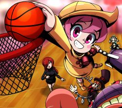 Rule 34 | 4girls, ball, basketball (object), basketball court, bloody marie (skullgirls), blurry, blurry background, blush, commission, dress, extra eyes, eye socket, glaring, grey hair, hair ornament, hat, highres, holding, holding ball, hungern (skullgirls), indoors, jumping, long hair, looking at another, maid headdress, mechanical arms, multiple girls, parasoul (skullgirls), peacock (skullgirls), playing sports, red eyes, red hair, second-party source, sharp teeth, short hair, siblings, sisters, skull hair ornament, skullgirls, smile, surprised, teeth, top hat, turtleneck, twintails, umbrella (skullgirls), yellow dress, yellow headwear, yellow raincoat, zerotosix06