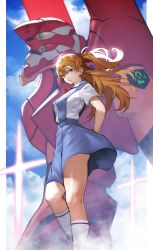 Rule 34 | 1girl, absurdres, arms behind back, ass, blue skirt, breasts, brown hair, cross, day, eva 02, feet out of frame, floating hair, highres, interface headset, kneepits, long hair, long skirt, looking at viewer, mecha, medium breasts, neon genesis evangelion, pigeon-toed, robot, school uniform, skirt, sky, socks, solo focus, souryuu asuka langley, standing, suspender skirt, suspenders, thighs, tokyo-3 middle school uniform, two side up, wide hips, wind, wind lift, yoshio (55level)
