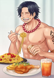 Rule 34 | 1boy, arm tattoo, bead necklace, beads, black hair, blurry, blurry background, bread, closed eyes, eating, food, food on face, fork, glass, grin, highres, indoors, jewelry, male focus, muscular, muscular male, necklace, one piece, open mouth, pasta, plate, portgas d. ace, short hair, simple background, smile, spaghetti, tattoo, teeth, topless male, upper body, white background, youkan (tako)