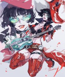Rule 34 | 1girl, akame (chokydaum), black hair, boots, electric guitar, green-tinted eyewear, guilty gear, guilty gear strive, guitar, hat, heterochromia, highres, i-no, instrument, jacket, mole, mole above mouth, red headwear, red jacket, red lips, red thighhighs, short hair, thigh boots, thighhighs, tinted eyewear, venus symbol, very short hair, witch hat