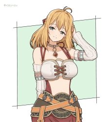 Rule 34 | 1girl, ahoge, blonde hair, blush, breasts, choker, cowboy shot, detached sleeves, fiora (xenoblade), green eyes, highres, jewelry, long hair, midriff, mochimochi (xseynao), necklace, nintendo, smile, solo, twitter username, white background, xenoblade chronicles (series), xenoblade chronicles 1, xenoblade chronicles (series)