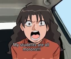Rule 34 | 1girl, angry, azumanga daiou, brown eyes, brown hair, car interior, commentary, english text, esibisi, furrowed brow, long hair, looking at viewer, meme, my students are all morons (meme), open mouth, red sweater, shouting, solo, straight-on, sweater, tanizaki yukari, upper body, v-shaped eyebrows