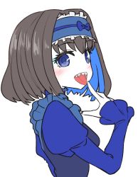 Rule 34 | 10s, 1girl, :d, black hair, blue eyes, blue ribbon, blue shirt, blush, breasts, colored inner hair, commentary request, finger to tongue, frilled hairband, frilled sleeves, frills, from side, garie tuman, hairband, juliet sleeves, long sleeves, looking at viewer, looking to the side, medium breasts, multicolored hair, no nose, open mouth, pale color, puffy sleeves, ribbon, senki zesshou symphogear, sharp teeth, shirt, short hair, simple background, smile, solo, sumiyao (amam), teeth, tongue, tongue out, upper body, white background
