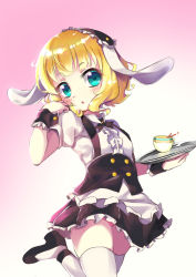 Rule 34 | 1girl, :o, absurdres, black skirt, blonde hair, blunt bangs, blush, child, cup, female focus, gochuumon wa usagi desu ka?, gradient background, highres, holding, holding plate, kirima syaro, looking at viewer, mado-js, maid, open mouth, plate, puffy short sleeves, puffy sleeves, shirt, shoes, short sleeves, skirt, solo, standing, standing on one leg, suspenders, thighhighs, white shirt, white thighhighs