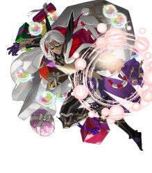 Rule 34 | 1boy, attack, black mask, bruno (winter) (fire emblem), candy, candy cane, dark-skinned male, dark skin, fire emblem, fire emblem heroes, food, gift, gloves, gold, gold trim, grey hair, hat, highres, holding, holding candy, holding candy cane, holding food, holding sack, looking at viewer, mask, nintendo, non-web source, official alternate costume, official art, open mouth, orb, purple gloves, sack, santa costume, santa hat, smile, solo, teeth