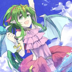 Rule 34 | 1girl, arm up, blue sky, bracelet, cloud, day, dragon wings, fire emblem, fire emblem: mystery of the emblem, fire emblem heroes, food, green eyes, green hair, hair ribbon, jewelry, long hair, nintendo, open mouth, pink one-piece swimsuit, pointy ears, ponytail, popsicle, ribbon, riyru4l, sky, solo, swimsuit, tiara, tiki (fire emblem), tiki (young) (fire emblem), wings
