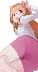 Rule 34 | 1girl, :d, ass, barefoot, bike shorts, brown eyes, brown hair, commentary request, doma umaru, highres, himouto! umaru-chan, hiroki (yyqw7151), long hair, looking at viewer, open mouth, simple background, smile, soles, solo, thighs, white background