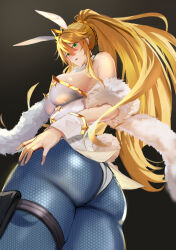 Rule 34 | 1girl, ahoge, animal ears, artoria pendragon (all), artoria pendragon (fate), artoria pendragon (swimsuit ruler) (fate), ass, bare shoulders, blonde hair, blue pantyhose, braid, breasts, cleavage, detached collar, fate/grand order, fate (series), feather boa, fishnet pantyhose, fishnets, french braid, green eyes, hair between eyes, highleg, highleg leotard, jikihatiman, large breasts, leotard, long hair, looking back, pantyhose, parted lips, playboy bunny, ponytail, rabbit ears, rabbit tail, revision, sidelocks, solo, tail, thigh strap, thighs, tiara, white leotard, wrist cuffs