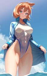 Rule 34 | 1girl, aqua eyes, bare legs, blue jacket, blue sky, breasts, closed mouth, cloud, competition swimsuit, covered abs, covered navel, creatures (company), curvy, day, game freak, highleg, highleg swimsuit, highres, jacket, looking at viewer, medium breasts, misty (pokemon), nintendo, ocean, one-piece swimsuit, open clothes, open jacket, orange hair, outdoors, partially submerged, pokemon, pokemon hgss, shiny skin, sky, smile, solo, swimsuit, thighs, volyz, water, white one-piece swimsuit, wide hips