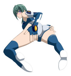Rule 34 | 00s, 1girl, ahoge, armpits, ass, bad id, bad pixiv id, bare shoulders, blue footwear, blue gloves, blue thighhighs, blush, bodysuit, boots, breasts, cameltoe, elbow gloves, embarrassed, facial mark, fingerless gloves, from behind, full body, gloves, green hair, hand on own ass, hand on own thigh, kannagi itsuki, large breasts, leotard, looking at viewer, looking back, lying, mike (pixiv308753), mikepon (ota office), nose blush, on stomach, partially visible vulva, pilot suit, purple eyes, simple background, solo, sora wo kakeru shoujo, spread legs, thigh boots, thighhighs, trefoil