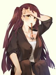 Rule 34 | 1girl, black jacket, black thighhighs, blazer, blush, breasts, bubble tea challenge, cleavage, collarbone, girls&#039; frontline, hair ribbon, half updo, highres, jacket, large breasts, long hair, looking at viewer, mania (fd6060 60), one side up, open mouth, purple hair, purple ribbon, red eyes, ribbon, sidelocks, simple background, sitting, solo, strapless, sweat, thighhighs, tube top, very long hair, wa2000 (girls&#039; frontline), wiping forehead, yellow background