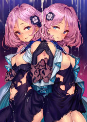 Rule 34 | 2girls, back-to-back, bare shoulders, black dress, black gloves, breast hold, breasts, clothes lift, clothing cutout, dark-skinned female, dark skin, detached sleeves, dress, dress lift, elbow gloves, from side, gloves, gradient background, groin, highres, holding hands, karakuri futaba, karakuri hitoha, lifting own clothes, light purple hair, lips, looking at viewer, multiple girls, navel, navel cutout, nipples, parted lips, puffy nipples, revealing clothes, shiny skin, shiokonbu, short hair, siblings, sisters, small breasts, suggestive fluid, tokyo 7th sisters, twins