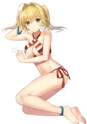 Rule 34 | 10s, 1girl, absurdres, ahoge, anklet, bad id, bad pixiv id, bare arms, bare legs, bare shoulders, barefoot, bead bracelet, beads, bikini, blonde hair, blush, bracelet, breasts, cleavage, closed mouth, collarbone, criss-cross halter, earrings, eyelashes, fate/extra, fate/grand order, fate (series), feet, full body, green eyes, groin, hair between eyes, hair intakes, halterneck, hand on own head, head rest, heart, highres, jewelry, large breasts, legs, legs together, leon v, long hair, looking at viewer, lying, medium breasts, navel, nero claudius (fate), nero claudius (fate) (all), nero claudius (swimsuit caster) (fate), on side, side-tie bikini bottom, sidelocks, smile, solo, stomach, striped bikini, striped clothes, swimsuit, toes, twintails, underboob