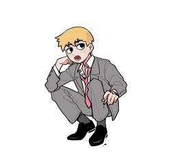 Rule 34 | 1boy, black eyes, black footwear, blonde hair, buttoned cuffs, buttons, chinese commentary, cigarette, collared shirt, commentary request, formal, full body, grey jacket, grey pants, grey suit, head rest, highres, holding, holding cigarette, jacket, long sleeves, loose necktie, male focus, meowzng, mob psycho 100, necktie, open mouth, pants, pink necktie, reigen arataka, shirt, shoes, short hair, simple background, solo, squatting, suit, white background, white shirt