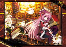 Rule 34 | 1girl, black thighhighs, book, bow, brown eyes, catbell, character name, crescent, cup, female focus, flower, hair bow, hat, instrument, library, light smile, long hair, mini hat, mini top hat, patchouli knowledge, petals, piano, pouring, purple hair, solo, tea, teacup, teapot, thighhighs, top hat, touhou, voile, zettai ryouiki