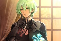 Rule 34 | 1boy, armor, bow, building, byleth (fire emblem), byleth (male) (fire emblem), closed mouth, cloud, cloudy sky, fire emblem, fire emblem: three houses, gift, gloves, green eyes, green hair, highres, male focus, nintendo, outdoors, pointing, pointing up, pov, short hair, sky, smile, solo focus, toyo sao, window