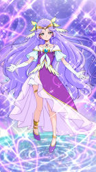 Rule 34 | 1girl, anklet, blue eyes, circlet, closed mouth, collarbone, criss-cross halter, cure earth, dress, elbow gloves, full body, fuurin asumi, gloves, halterneck, healin&#039; good precure, high heels, highres, jewelry, layered skirt, long hair, looking at viewer, miniskirt, parted bangs, precure, pumps, purple dress, purple footwear, purple hair, skirt, skirt under dress, smile, solo, thighlet, tj-type1, very long hair, white gloves, white skirt
