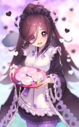 Rule 34 | 1girl, absurdly long hair, ainu clothes, animal ears, apron, aquaplus, artist request, blurry, blurry background, blush, breasts, cowboy shot, dress, eyelashes, food, frilled dress, frilled skirt, frilled sleeves, frills, gradient eyes, gradient hair, hair between eyes, hair ornament, hair over one eye, heart, high ponytail, highres, holding, holding plate, kuroma (utawarerumono: lost flag), layered sleeves, long hair, long sleeves, looking at viewer, maid, maid apron, maid headdress, medium breasts, messy hair, mochi, multicolored eyes, multicolored hair, nose, official art, open mouth, pantyhose, plate, ponytail, purple eyes, purple hair, purple pantyhose, shiny clothes, skirt, solo, standing, swept bangs, teeth, tongue, utawarerumono, utawarerumono: lost flag, very long hair, wide sleeves