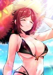 Rule 34 | 1girl, absurdres, alternate costume, arm up, bare shoulders, bikini, black bikini, blurry, blurry background, breasts, brown hair, close-up, closed eyes, closed mouth, guardian tales, hat, highres, innkeeper loraine, large breasts, medium hair, mopqrkdnl1, navel, outdoors, signature, sketch, solo, straw hat, sunlight, swimsuit