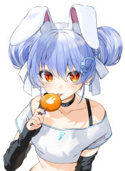 Rule 34 | 1girl, :p, animal ear fluff, animal ears, bare shoulders, blue hair, blue nails, bra strap, commentary request, crop top, detached sleeves, gotou (nekocat), highres, hololive, long sleeves, looking at viewer, midriff, nail polish, off-shoulder shirt, off shoulder, orange eyes, rabbit ears, rabbit girl, shirt, short hair, short sleeves, simple background, solo, tongue, tongue out, upper body, usada pekora, virtual youtuber, white background, white shirt